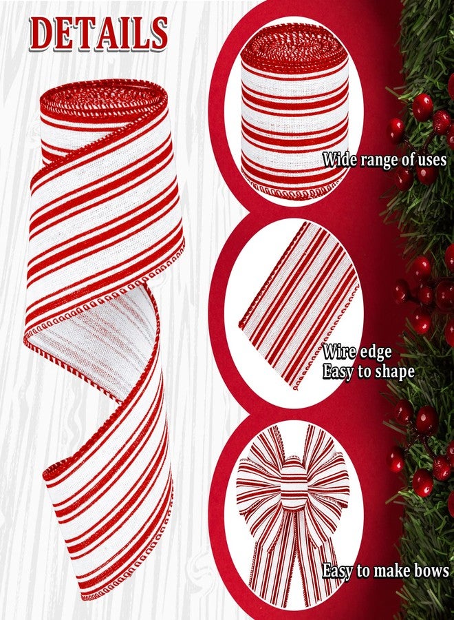 Whaline 2 Rolls Christmas Wired Edge Ribbon Christmas White Red Striped Fabric Ribbon Farmhouse Craft Ribbon for DIY Gift Wrapping Wreath Floral Arrangement Bow Decoration,2.5 Inch x 12 Yard - Image 3